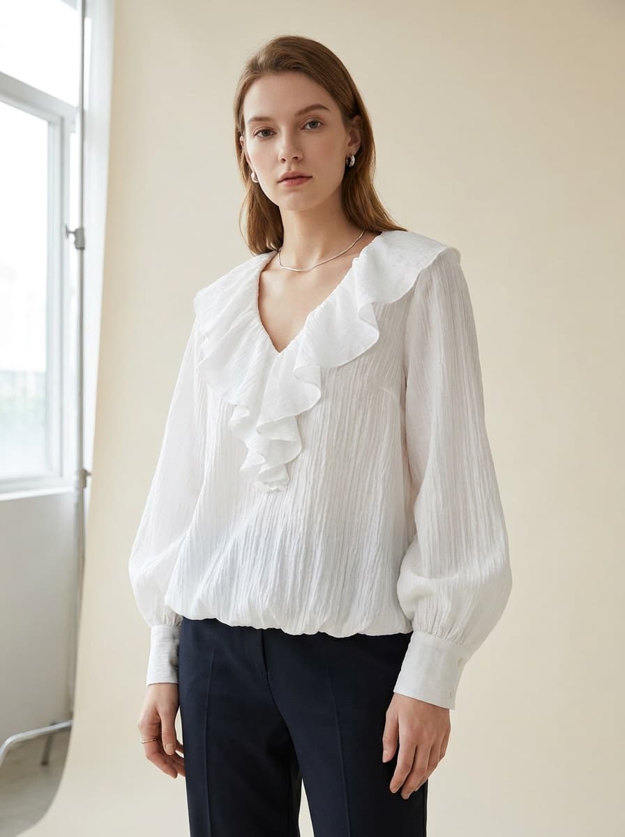 Model wearing a white textured woven blouse with a softly ruffled neckline and long sleeves.